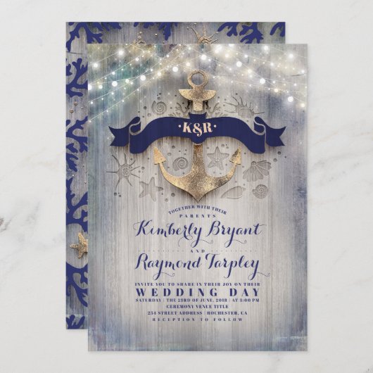 Navy en goud nautische rustieke anker strand bruil kaart (Voorkant / Achterkant)