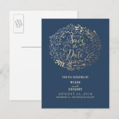 Navy en gouden bloemenboeketkrans bewaren de datum aankondigingskaart (Voorkant / Achterkant)