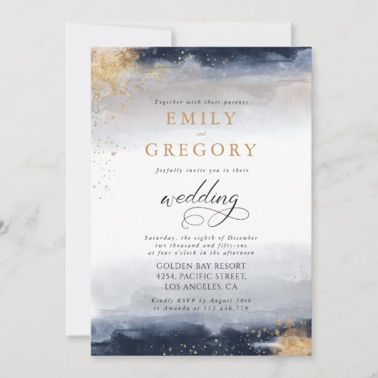 Navy en gouden bruiloft ceremonie uitnodiging (Voorkant)