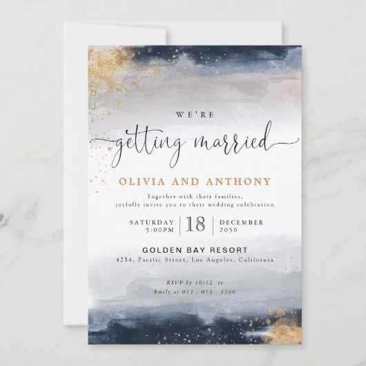 Navy en gouden bruiloft ceremonie uitnodiging (Voorkant)