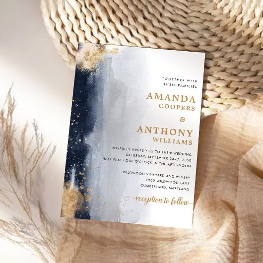 Navy en gouden bruiloft ceremonie uitnodiging