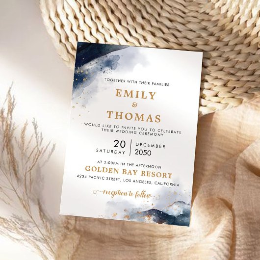 Navy en gouden bruiloft ceremonie uitnodiging