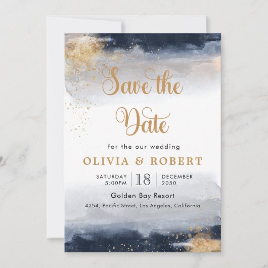 Navy en gouden bruiloft Save The Date Kaart (Voorkant)