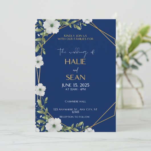 Navy en gouden bruiloft uitnodiging Kaart (Staand voorkant)