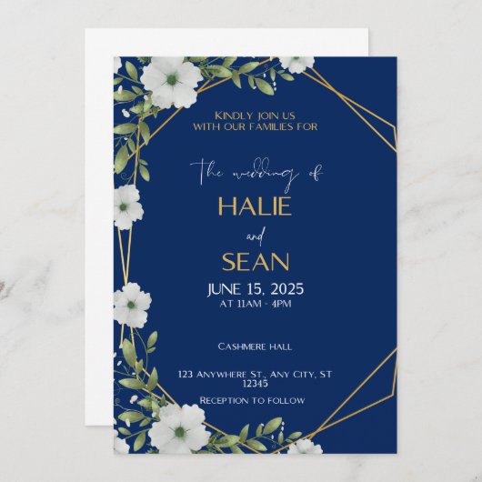 Navy en gouden bruiloft uitnodiging Kaart (Voorkant / Achterkant)