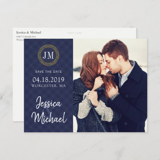 Navy en Gouden Foto Opslaan van de datum Custom Sj Aankondigingskaart (Voorkant / Achterkant)