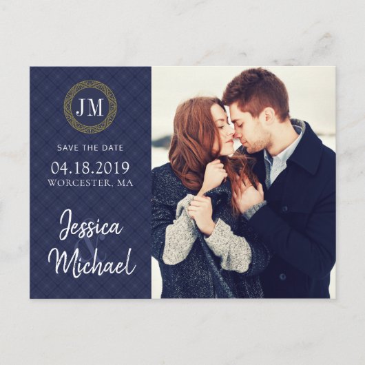 Navy en Gouden Foto Opslaan van de datum Custom Sj Aankondigingskaart (Voorkant)