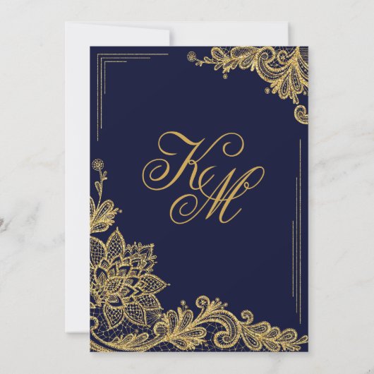 Navy en gouden kant bruiloft uitnodiging Kaart (Achterkant)