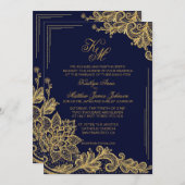 Navy en gouden kant bruiloft uitnodiging Kaart (Voorkant / Achterkant)