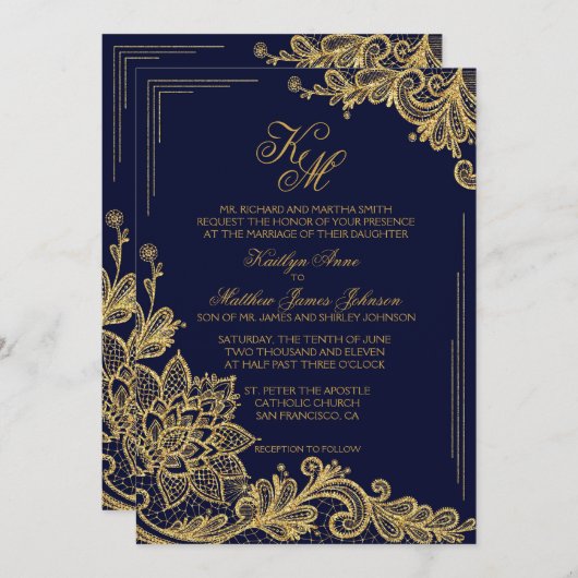 Navy en gouden kant bruiloft uitnodiging Kaart (Voorkant / Achterkant)