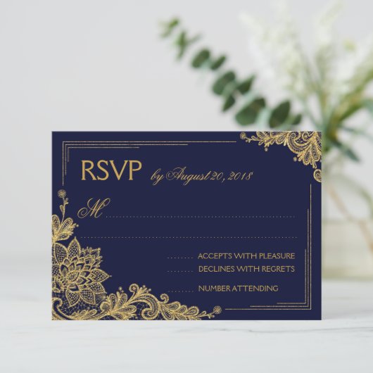 Navy en gouden lint elegante RSVP kaart (Staand voorkant)