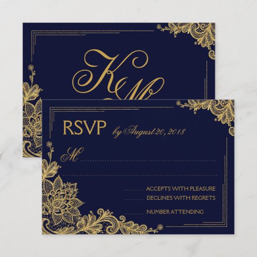 Navy en gouden lint elegante RSVP kaart (Voorkant / Achterkant)