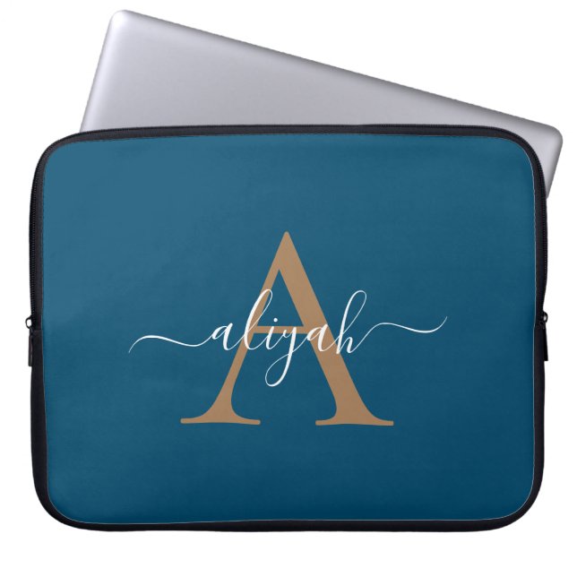 Navy en gouden monogram scriptnaam laptop sleeve (Voorkant)