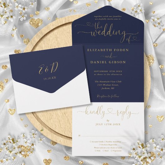 Navy En Gouden Script Hartjes Minimalistische Trou All In One Uitnodiging