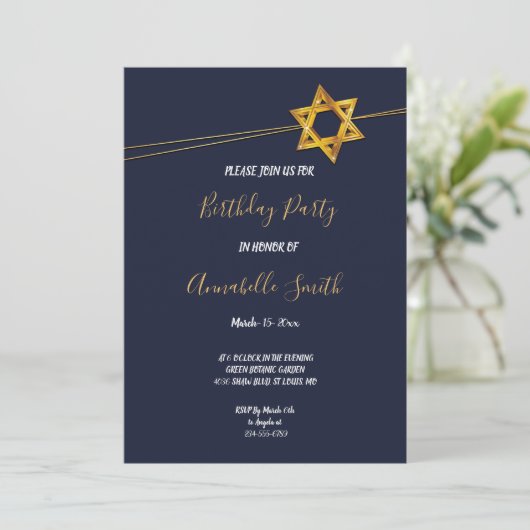 Navy en Gouden Ster van David Verjaardagsfeest Kaart (Staand voorkant)