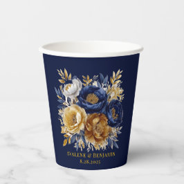Navy en gouden Waterverf Peony Bouquet bruiloft Papieren Bekers