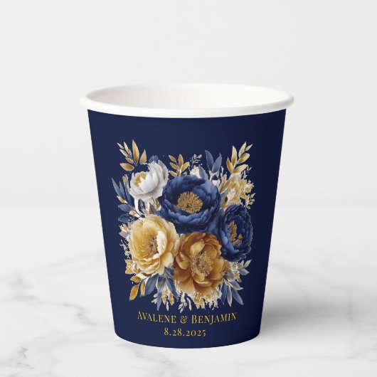Navy en gouden Waterverf Peony Bouquet bruiloft Papieren Bekers (Voorkant)