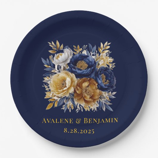 Navy en gouden Waterverf Peony Bouquet bruiloft Papieren Bordje (Voorkant)