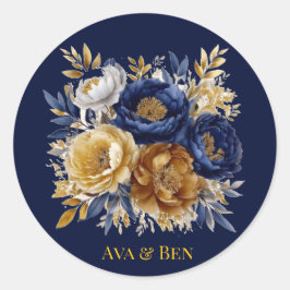 Navy en gouden Waterverf Peony Bouquet bruiloft Ronde Sticker