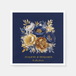 Navy en gouden Waterverf Peony Bouquet bruiloft Servet
