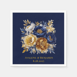 Navy en gouden Waterverf Peony Bouquet bruiloft Servet