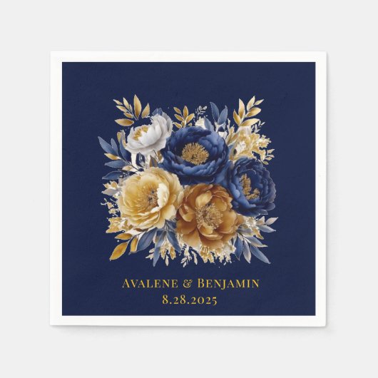 Navy en gouden Waterverf Peony Bouquet bruiloft Servet (Voorkant)