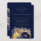 Navy en Gouden Waterverf Peony Trouwdouche Kaart (Voorkant / Achterkant)