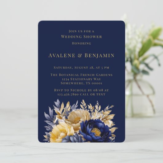 Navy en Gouden Waterverf Peony Trouwdouche Kaart (Staand voorkant)