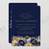 Navy en Gouden Waterverf Peony Trouwdouche Kaart (Voorkant / Achterkant)