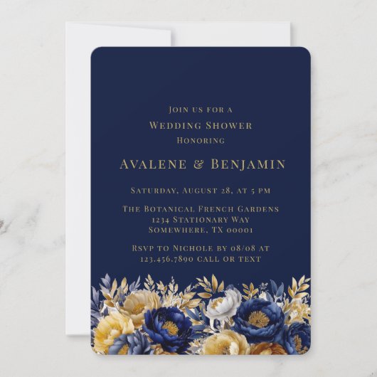 Navy en Gouden Waterverf Peony Trouwdouche Kaart (Voorkant)