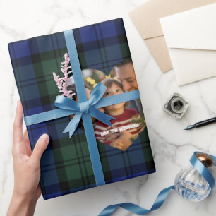 Navy en groene tartan gepersonaliseerde foto Kerst Cadeaupapier