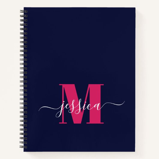 Navy en Hot Pink Gepersonaliseerd Monogram Notitie Notitieboek (Voorkant)