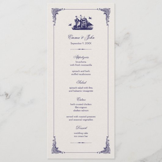Navy en Ivoor  Schip Bruiloft Menu Kaarten (Voorkant)