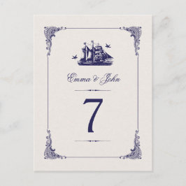 Navy en Ivoor Schip Bruiloft Tafel Nummers Briefkaart