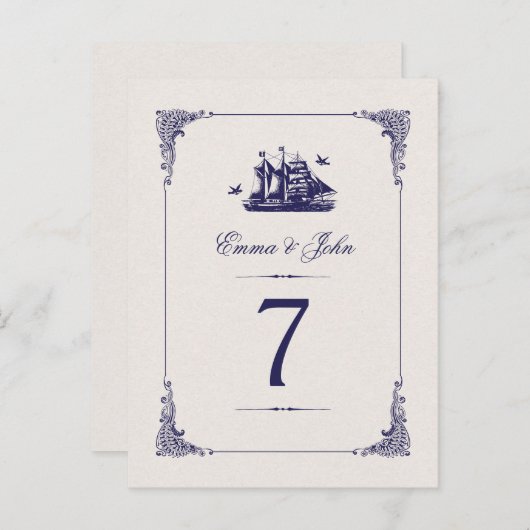 Navy en Ivoor  Schip Bruiloft Tafel Nummers Briefkaart (Voorkant / Achterkant)