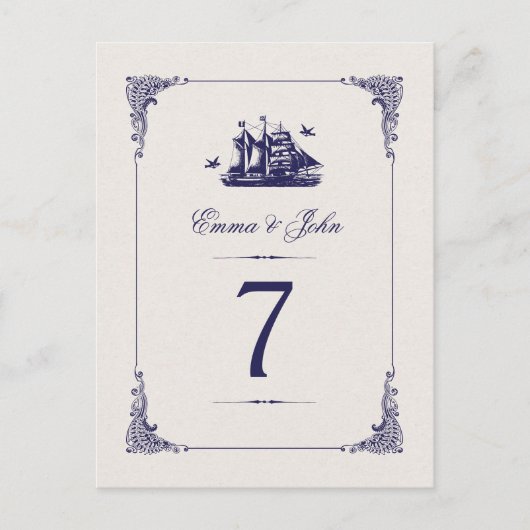 Navy en Ivoor  Schip Bruiloft Tafel Nummers Briefkaart (Voorkant)