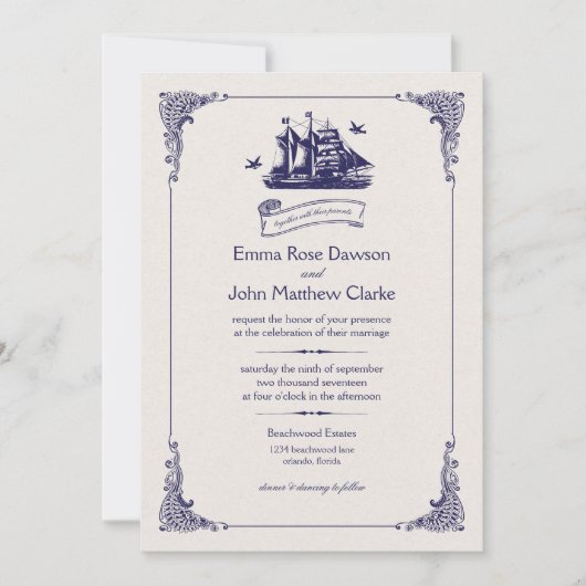 Navy en Ivoor  Schip Bruiloft Uitnodiging (Voorkant)
