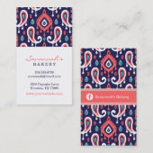Navy en koraal Ikat Paisley Visitekaartjes (Voorkant / Achterkant)