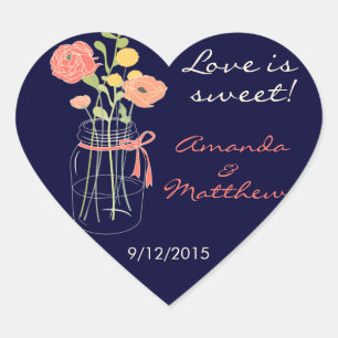 Navy en koraal Mason Jar bruiloft gunst Stickers