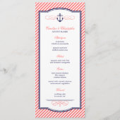 Navy en koraal nautische anker bruiloft Menu Kaart (Voorkant)