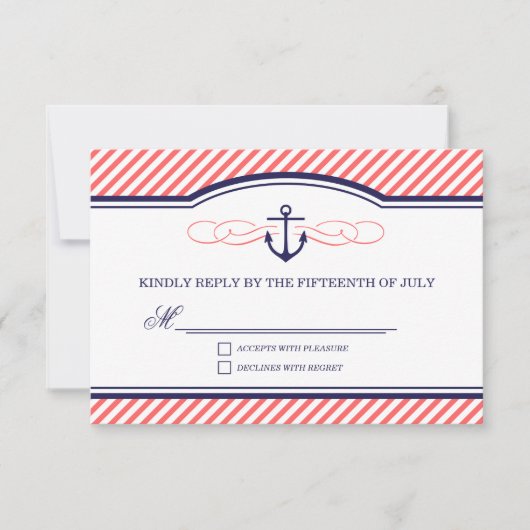 Navy en koraal nautische anker bruiloft RSVP Kaart (Voorkant)