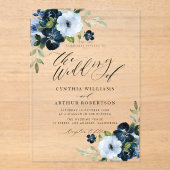 Navy en light blue floral script bruiloft acryl uitnodigingen (Voorkant)