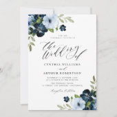 Navy en light blue floral script bruiloft kaart (Voorkant)