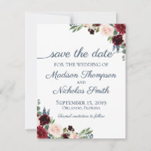 Navy en Marsala Bloemen Bruiloft Save The Date Kaa
