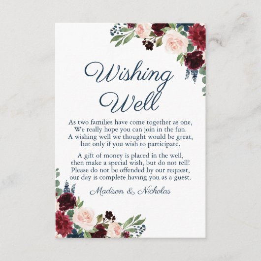 Navy en Marsala Bloemenbruiloft Wishing Well Kaart (Voorkant)