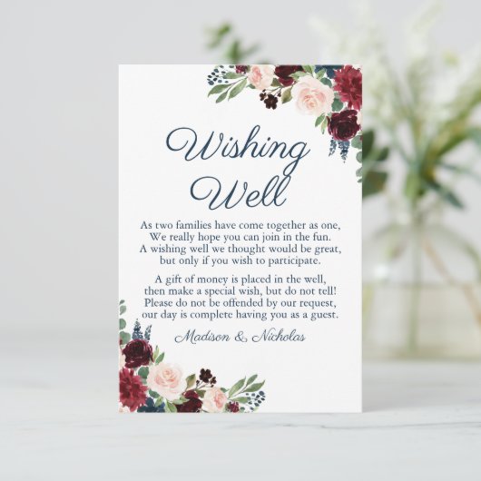 Navy en Marsala Bloemenbruiloft Wishing Well Kaart (Staand voorkant)