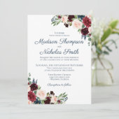 Navy en Marsala Floral bruiloft uitnodiging Kaarte (Staand voorkant)