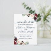Navy en Marsala Floral Save the Date Briefkaarten (Staand voorkant)
