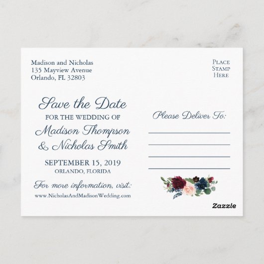 Navy en Marsala Floral Save the Date Briefkaarten (Achterkant)