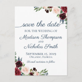 Navy en Marsala Floral Save the Date Briefkaarten